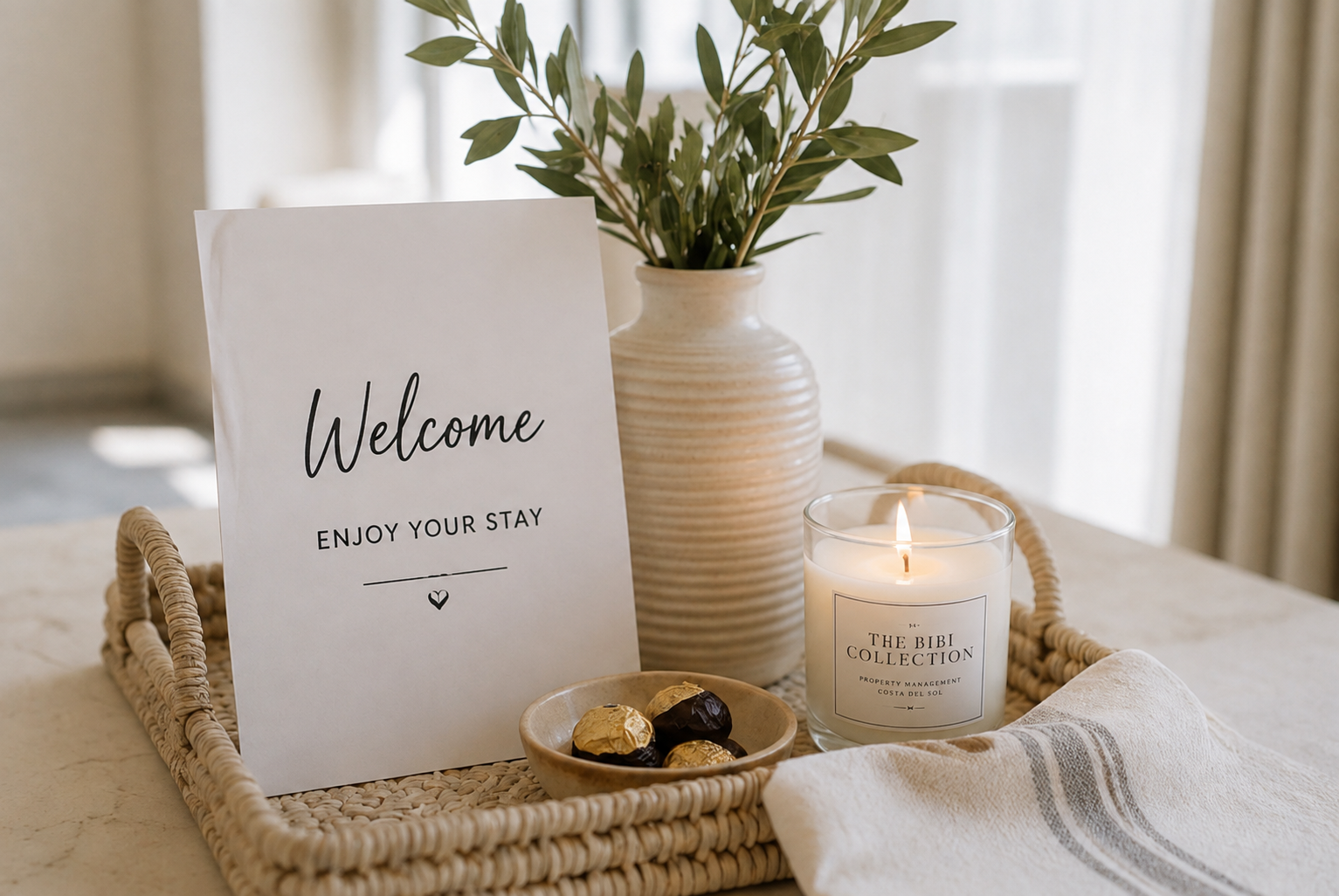 A Bibi Collection welcome tray with a scented candle